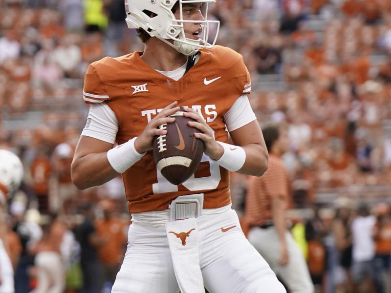 Sep 16, 2023; Austin, Texas, USA; Texas Longhorns quarterback Arch Manning (16) warms up before a game against the Wyoming Cowboys at Darrell K Royal-Texas Memorial Stadium. Mandatory Credit: Scott Wachter-USA TODAY Sports