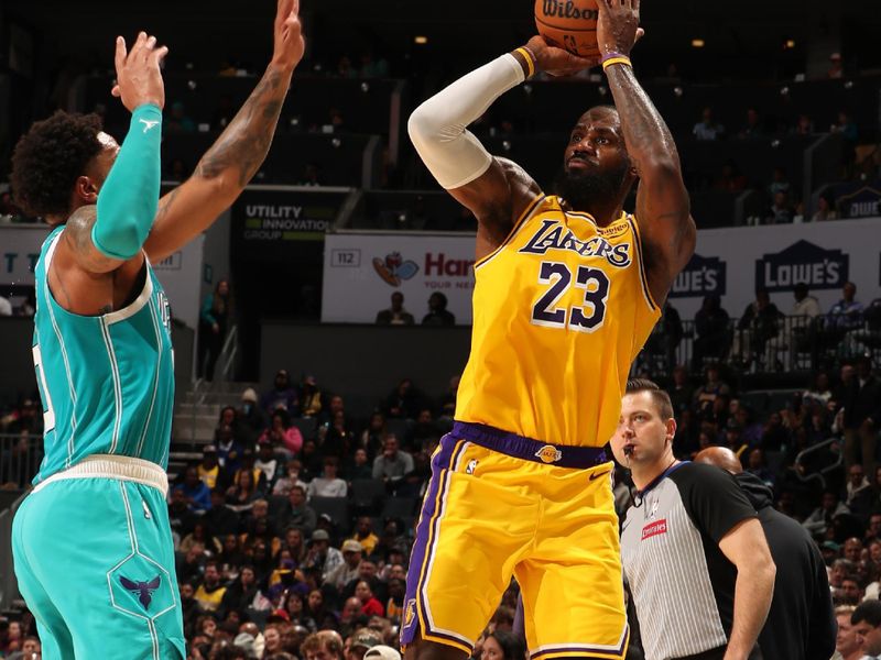 CHARLOTTE, NC - JANUARY 27:  LeBron James #23 of the Los Angeles Lakers shoots the ball during the game against the Charlotte Hornets on January 27, 2025 at Spectrum Center in Charlotte, North Carolina. NOTE TO USER: User expressly acknowledges and agrees that, by downloading and or using this photograph, User is consenting to the terms and conditions of the Getty Images License Agreement. Mandatory Copyright Notice: Copyright 2025 NBAE (Photo by Kent Smith/NBAE via Getty Images)