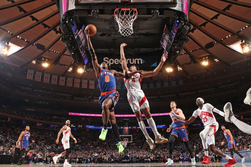 NEW YORK, NY - JANUARY 20: OG Anunoby #8 of the New York Knicks drives to the basket during the game against the Toronto Raptors on January 20, 2024 at Madison Square Garden in New York City, New York.  NOTE TO USER: User expressly acknowledges and agrees that, by downloading and or using this photograph, User is consenting to the terms and conditions of the Getty Images License Agreement. Mandatory Copyright Notice: Copyright 2024 NBAE  (Photo by Nathaniel S. Butler/NBAE via Getty Images)