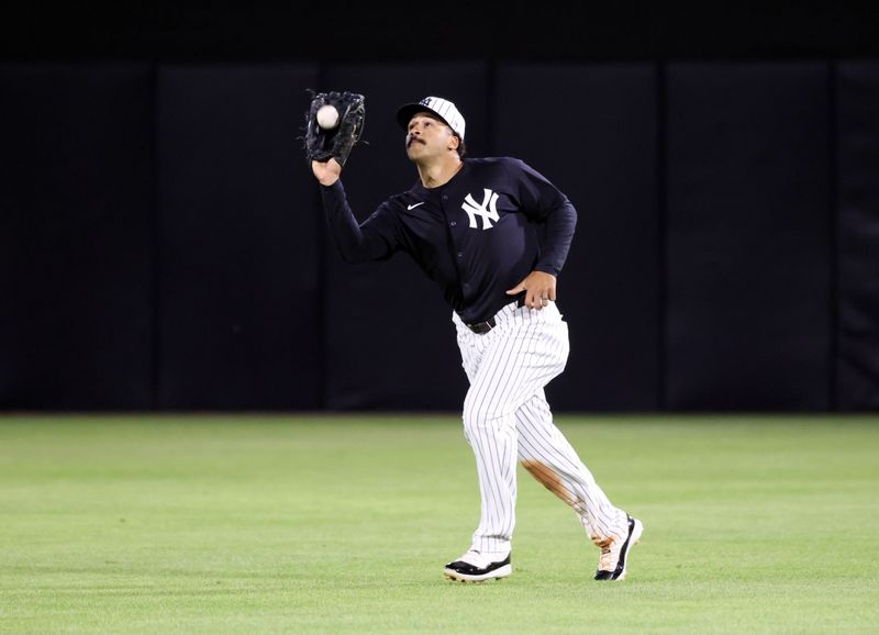 Mar 3, 2025; Tampa, Florida, USA; New York Yankees outfielder Trent Grisham (12) catches a fly ball during the third inning  against the Pittsburgh Pirates at George M. Steinbrenner Field. Mandatory Credit: Kim Klement Neitzel-Imagn Images