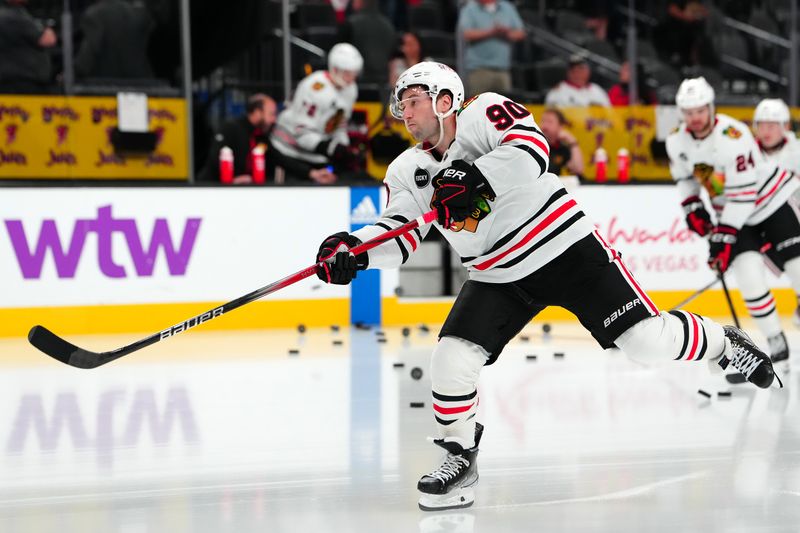 Apr 16, 2024; Las Vegas, Nevada, USA; Chicago Blackhawks center Tyler Johnson (90) warms up before a game against the Vegas Golden Knights at T-Mobile Arena. Mandatory Credit: Stephen R. Sylvanie-USA TODAY Sports