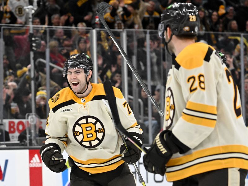 Jan 20, 2024; Boston, Massachusetts, USA; Boston Bruins left wing Jake DeBrusk (74) reacts after a goal scored by Boston Bruins center Pavel Zacha (not seen) during the third period at the TD Garden. Mandatory Credit: Brian Fluharty-USA TODAY Sports