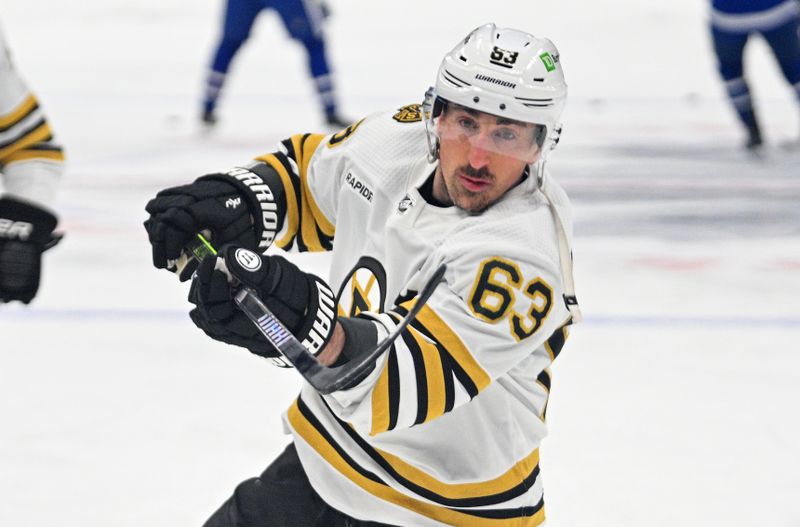 May 2, 2024; Toronto, Ontario, CAN;   Boston Bruins forward Brad Marchand (63) warms up before playing the Toronto Maple Leafs in game six of the first round of the 2024 Stanley Cup Playoffs at Scotiabank Arena. Mandatory Credit: Dan Hamilton-USA TODAY Sports