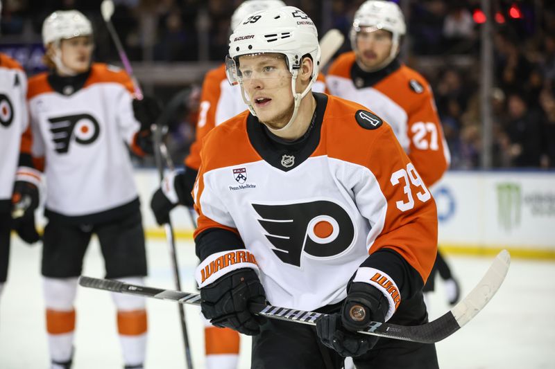 Feb 26, 2026; New York, New York, USA;  Philadelphia Flyers right wing Matvei Michkov (39) celebrates after scoring a goal in the second period against the New York Rangers at Madison Square Garden. Mandatory Credit: Wendell Cruz-Imagn Images
