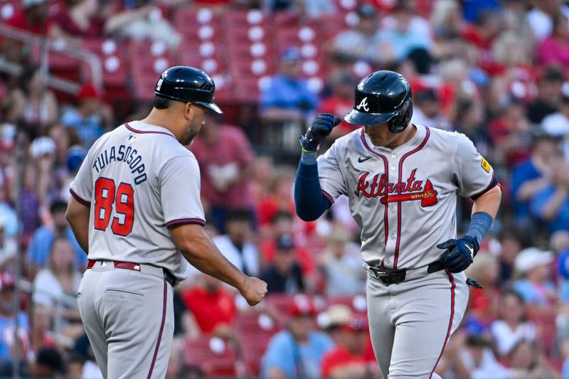 Jun 24, 2024; St. Louis, Missouri, USA;  Atlanta Braves third baseman Austin Riley (27) is congratulated by third base coach Matt Tuiasosopo (89) after hitting a solo home run against the St. Louis Cardinals during the fifth inning at Busch Stadium. Mandatory Credit: Jeff Curry-USA TODAY Sports