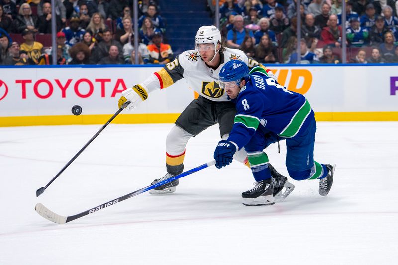 Apr 8, 2024; Vancouver, British Columbia, CAN; Vancouver Canucks forward Conor Garland (8) and Vegas Golden Knights defenseman Noah Hanifin (15) battle for the puck in the third period at Rogers Arena. Canucks won 4 -3. Mandatory Credit: Bob Frid-USA TODAY Sports