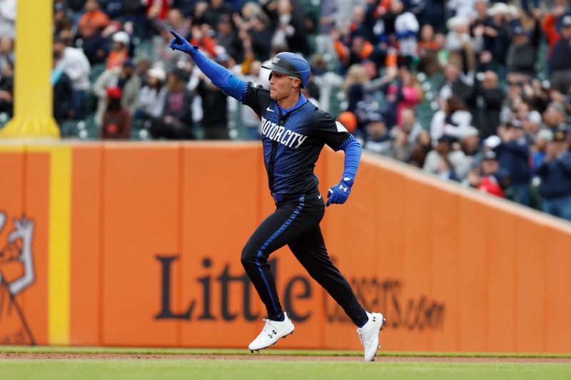 May 11, 2024; Detroit, Michigan, USA; Detroit Tigers outfielder Kerry Carpenter (30) celebrates after hitting a home run against the Houston Astros during the second inning at Comerica Park. Mandatory Credit: Brian Bradshaw Sevald-USA TODAY Sports