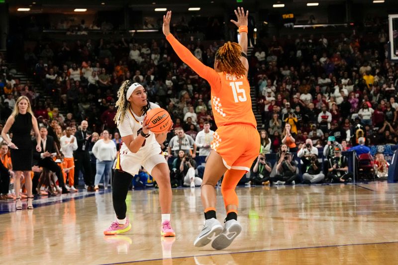 Mar 9, 2024; Greensville, SC, USA; South Carolina Gamecocks guard Te-Hina Paopao (0) tries to get past Tennessee Lady Vols guard Jasmine Powell (15) during the second half at Bon Secours Wellness Arena. Mandatory Credit: Jim Dedmon-USA TODAY Sports