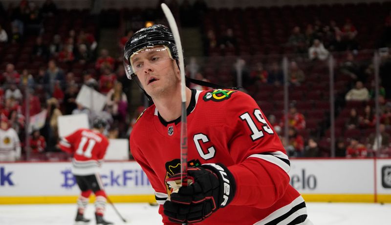 Jan 22, 2023; Chicago, Illinois, USA; Chicago Blackhawks center Jonathan Toews (19) warms up before the game against the Los Angeles Kings at United Center. Mandatory Credit: David Banks-USA TODAY Sports