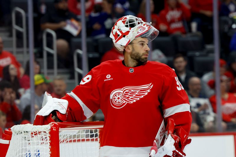 Oct 3, 2024; Detroit, Michigan, USA;  Detroit Red Wings goaltender Cam Talbot (39) looks on during the first period against the Toronto Maple Leafs at Little Caesars Arena. Mandatory Credit: Rick Osentoski-Imagn Images