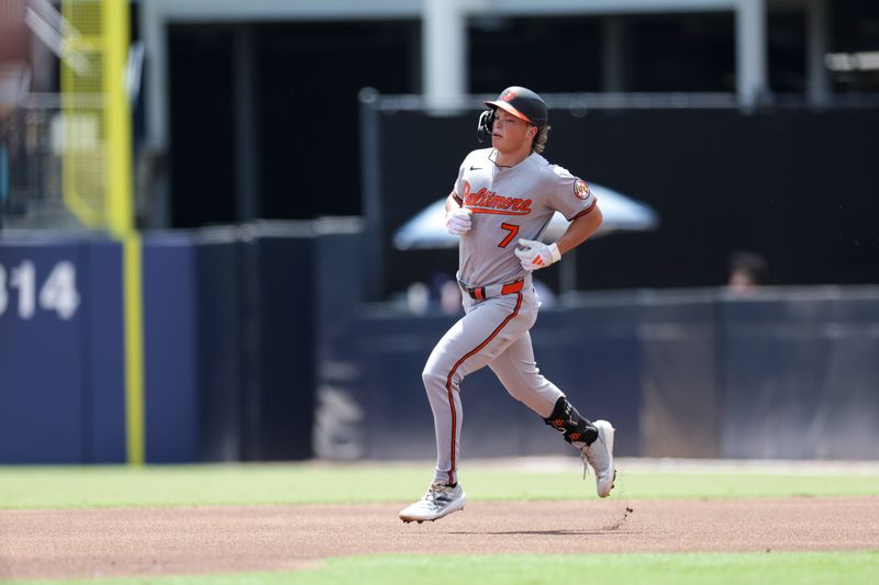 Jul 20, 2025; Tampa, Florida, USA; Baltimore Orioles second baseman Jackson Holliday (7) runs the bases after hitting a home run against the Tampa Bay Rays in the first inning at George M. Steinbrenner Field. Mandatory Credit: Nathan Ray Seebeck-Imagn Images