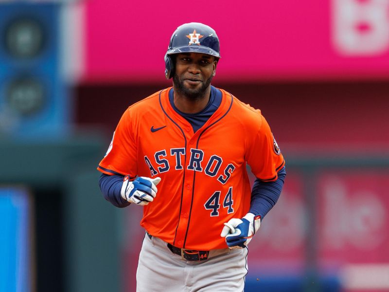 Apr 27, 2025; Kansas City, Missouri, USA; Houston Astros outfielder Yordan Alvarez (44) rounds the bases after a home run during the third inning against the Kansas City Royals  at Kauffman Stadium. Mandatory Credit: William Purnell-Imagn Images