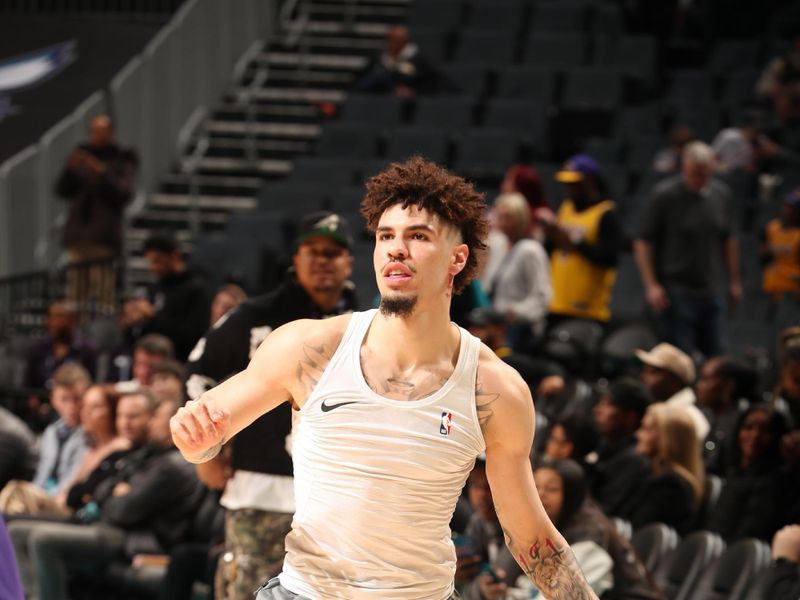 CHARLOTTE, NC - JANUARY 27:  LaMelo Ball #1 of the Charlotte Hornets warms up before the game against the Los Angeles Lakers on January 27, 2025 at Spectrum Center in Charlotte, North Carolina. NOTE TO USER: User expressly acknowledges and agrees that, by downloading and or using this photograph, User is consenting to the terms and conditions of the Getty Images License Agreement. Mandatory Copyright Notice: Copyright 2025 NBAE (Photo by Kent Smith/NBAE via Getty Images)