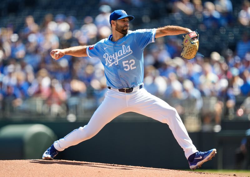 Sep 8, 2024; Kansas City, Missouri, USA; Kansas City Royals starting pitcher Michael Wacha (52) pitches during the first inning against the Minnesota Twins at Kauffman Stadium. Mandatory Credit: Jay Biggerstaff-Imagn Images