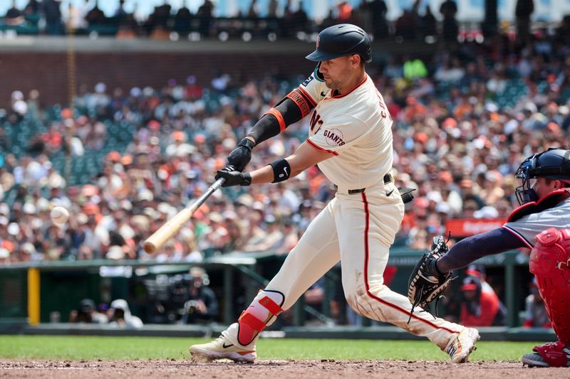 Apr 10, 2024; San Francisco, California, USA; San Francisco Giants outfielder Michael Conforto (8) hits an RBI single against the Washington Nationals during the fifth inning at Oracle Park. Mandatory Credit: Robert Edwards-USA TODAY Sports