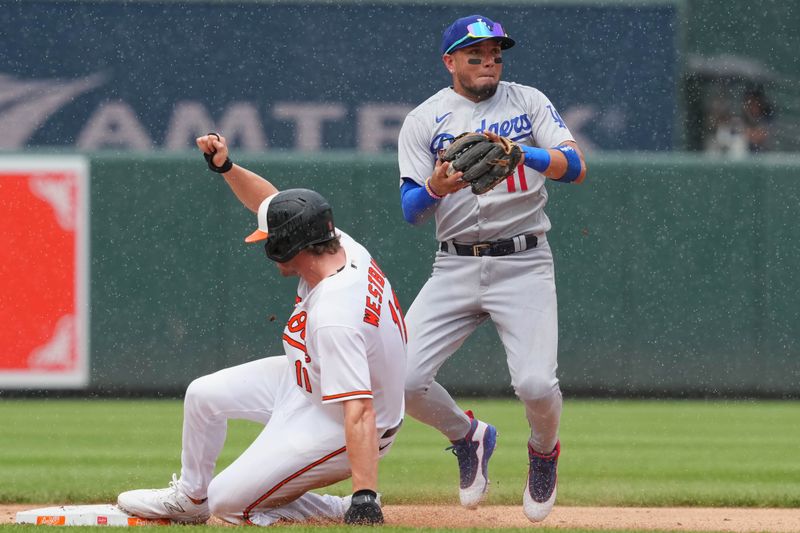 Jul 19, 2023; Baltimore, Maryland, USA; Los Angeles Dodgers shortstop Miguel Rojas (11) gets a force out on Baltimore Orioles second baseman Jordan Westburg (11) in the second inning at Oriole Park at Camden Yards. Mandatory Credit: Mitch Stringer-USA TODAY Sports