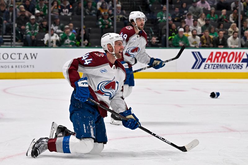 Nov 29, 2024; Dallas, Texas, USA; Colorado Avalanche defenseman Calvin de Haan (44) yells out after he blocks a Dallas Stars shot during the second period at the American Airlines Center. Mandatory Credit: Jerome Miron-Imagn Images