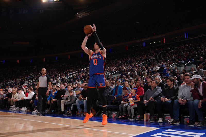 NEW YORK, NY - FEBRUARY 10: Donte Divincenzo #0 of the New York Knicks shoots the ball during the game against the Indiana Pacers on February 10, 2024 at Madison Square Garden in New York City, New York.  NOTE TO USER: User expressly acknowledges and agrees that, by downloading and or using this photograph, User is consenting to the terms and conditions of the Getty Images License Agreement. Mandatory Copyright Notice: Copyright 2024 NBAE  (Photo by Jesse D. Garrabrant/NBAE via Getty Images)