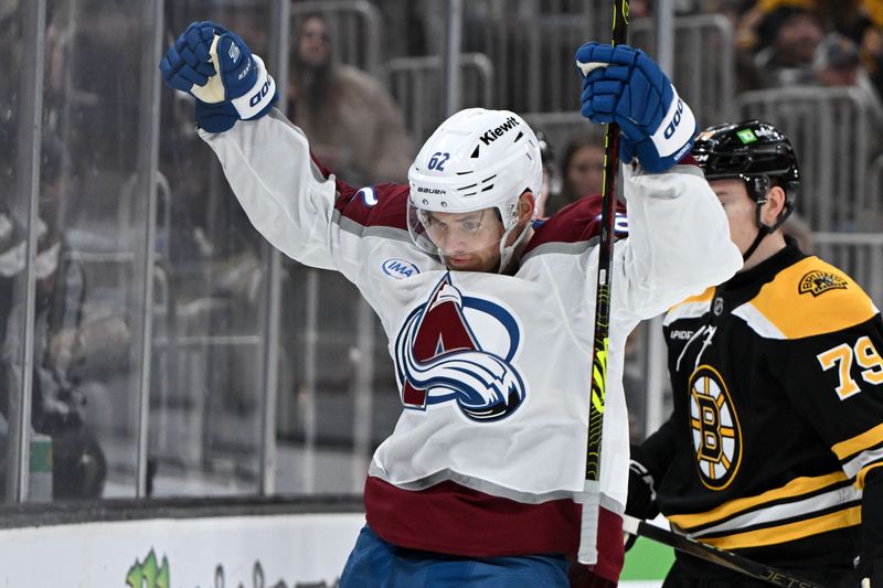 Jan 25, 2025; Boston, Massachusetts, USA; Colorado Avalanche left wing Artturi Lehkonen (62) celebrates after scoring a goal against the Boston Bruins during the second period at the TD Garden. Mandatory Credit: Brian Fluharty-Imagn Images