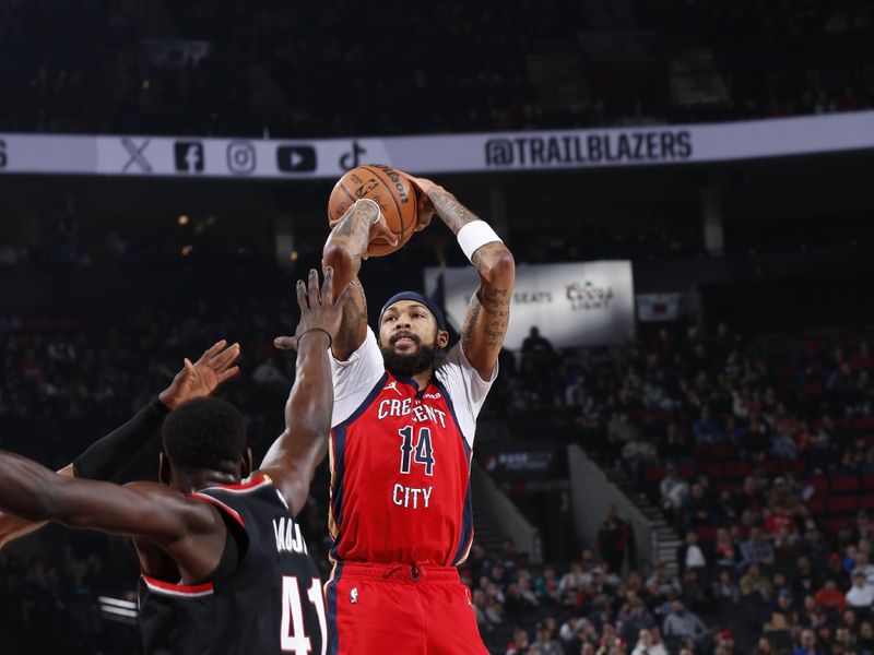 PORTLAND, OR - FEBRUARY 10: Brandon Ingram #14 of the New Orleans Pelicans shoots the ball during the game against the Portland Trail Blazers on February 10, 2024 at the Moda Center Arena in Portland, Oregon. NOTE TO USER: User expressly acknowledges and agrees that, by downloading and or using this photograph, user is consenting to the terms and conditions of the Getty Images License Agreement. Mandatory Copyright Notice: Copyright 2024 NBAE (Photo by Cameron Browne/NBAE via Getty Images)