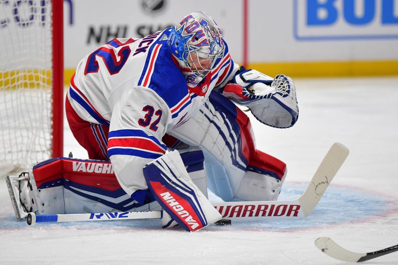 Jan 20, 2024; Los Angeles, California, USA; New York Rangers goaltender Jonathan Quick (32) defends the goal agianst the Los Angeles Kings durng the second period at Crypto.com Arena. Mandatory Credit: Gary A. Vasquez-USA TODAY Sports