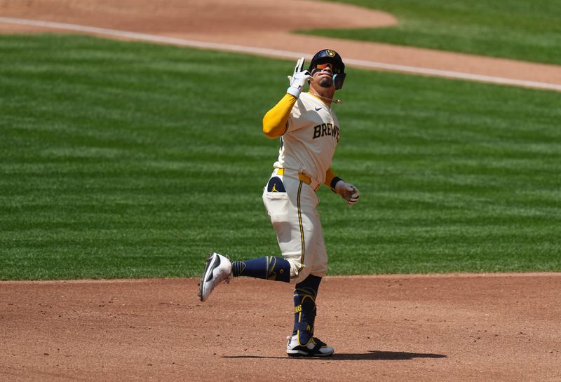 May 15, 2024; Milwaukee, Wisconsin, USA; Milwaukee Brewers catcher William Contreras (24) reacts after his three-run home run during the third inning of their game against the Pittsburgh Pirates at American Family Field. Mandatory Credit: Mark Hoffman-USA TODAY Sports