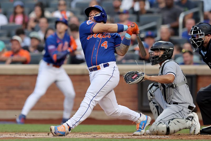 Jul 18, 2023; New York City, New York, USA; New York Mets catcher Francisco Alvarez (4) follows through on a two run home run against the Chicago White Sox during the first inning at Citi Field. Mandatory Credit: Brad Penner-USA TODAY Sports