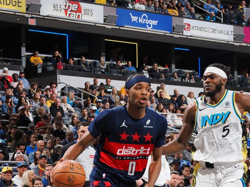 INDIANAPOLIS, IN - NOVEMBER 24: Bilal Coulibaly #0 of the Washington Wizards drives to the basket during the game against the Indiana Pacers on November 24, 2024 at Gainbridge Fieldhouse in Indianapolis, Indiana. NOTE TO USER: User expressly acknowledges and agrees that, by downloading and or using this Photograph, user is consenting to the terms and conditions of the Getty Images License Agreement. Mandatory Copyright Notice: Copyright 2024 NBAE (Photo by Ron Hoskins/NBAE via Getty Images)