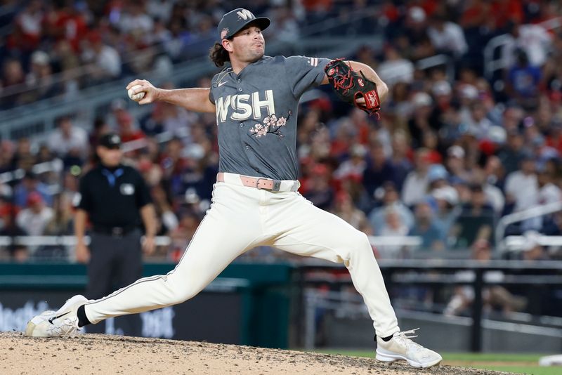 Jun 7, 2024; Washington, District of Columbia, USA; Washington Nationals relief pitcher Kyle Finnegan (67) pitches against the Atlanta Braves during the ninth inning at Nationals Park. Mandatory Credit: Geoff Burke-USA TODAY Sports