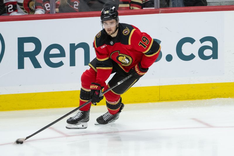 Nov 11, 2025; Ottawa, Ontario, CAN; Ottawa Senators right wing Drake Batherson (19) skates with the puck in the third period against the Dallas Stars at the Canadian Tire Centre. Mandatory Credit: Marc DesRosiers-IMAGN Images