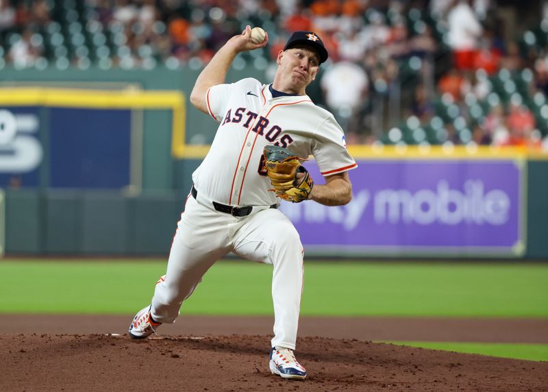 Apr 23, 2025; Houston, Texas, USA; Houston Astros starting pitcher Hunter Brown (58) pitches against the Toronto Blue Jays in the second inning at Daikin Park. Mandatory Credit: Thomas Shea-Imagn Images