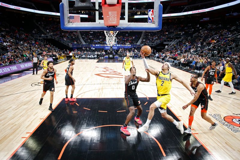 DETROIT, MI - MARCH 20: Andrew Nembhard #2 of the Indiana Pacers drives to the basket during the game against the Detroit Pistons on March 20, 2024 at Little Caesars Arena in Detroit, Michigan. NOTE TO USER: User expressly acknowledges and agrees that, by downloading and/or using this photograph, User is consenting to the terms and conditions of the Getty Images License Agreement. Mandatory Copyright Notice: Copyright 2024 NBAE (Photo by Brian Sevald/NBAE via Getty Images)