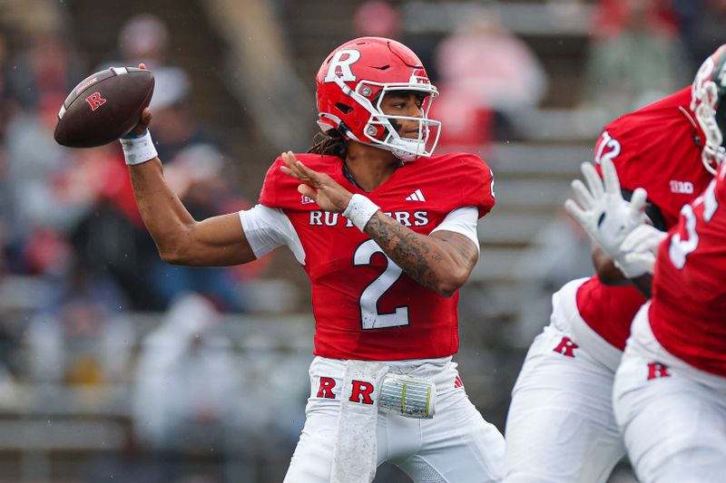 Oct 14, 2023; Piscataway, New Jersey, USA; Rutgers Scarlet Knights quarterback Gavin Wimsatt (2) throws the ball against the Michigan State Spartans during the first half at SHI Stadium. Mandatory Credit: Vincent Carchietta-USA TODAY Sports