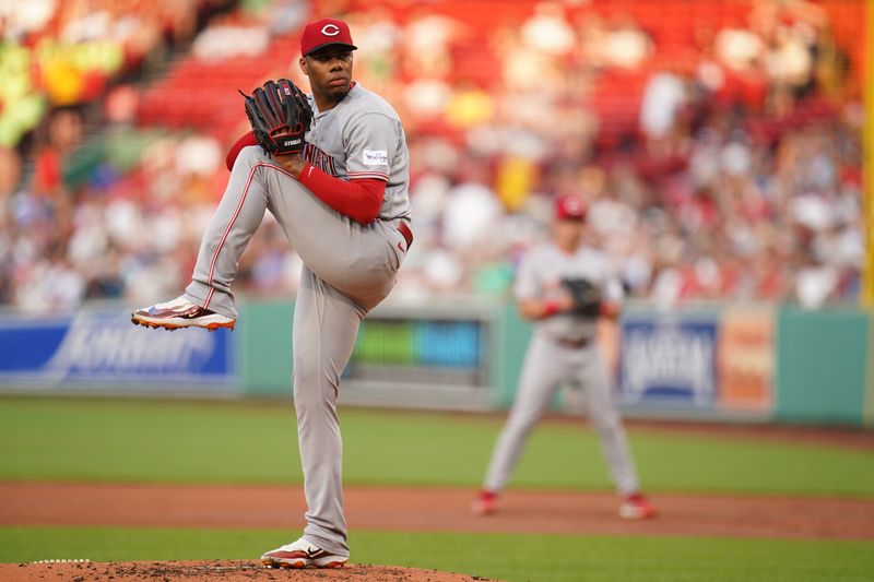 Jun 1, 2023; Boston, Massachusetts, USA; Cincinnati Reds starting pitcher Hunter Greene (21) throws a pitch against the Boston Red Sox in the first inning at Fenway Park. Mandatory Credit: David Butler II-USA TODAY Sports