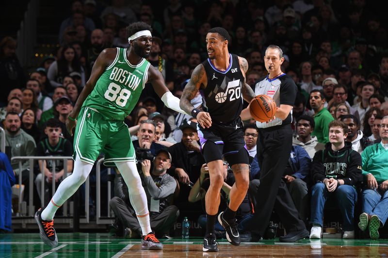 BOSTON, MA - MARCH 10: John Collins #20 of the Utah Jazz dribbling the ball against the Boston Celtics on March 10, 2025 at TD Garden in Boston, Massachusetts. NOTE TO USER: User expressly acknowledges and agrees that, by downloading and/or using this Photograph, user is consenting to the terms and conditions of the Getty Images License Agreement. Mandatory Copyright Notice: Copyright 2025 NBAE (Photo by Brian Babineau/NBAE via Getty Images)