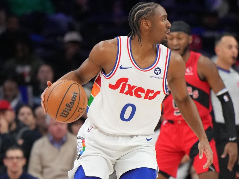 PHILADELPHIA, PA - FEBRUARY 11:  Tyrese Maxey #0 of the Philadelphia 76ers dribbles the ball during the game against the Toronto Raptors  on February 11, 2025 at the Wells Fargo Center in Philadelphia, Pennsylvania NOTE TO USER: User expressly acknowledges and agrees that, by downloading and/or using this Photograph, user is consenting to the terms and conditions of the Getty Images License Agreement. Mandatory Copyright Notice: Copyright 2025 NBAE (Photo by Jesse D. Garrabrant/NBAE via Getty Images)