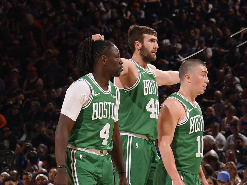 NEW YORK, NY - MAY 10:  Jrue Holiday #4, Luke Kornet #40 and Payton Pritchard #11 of the Boston Celtics during the game against the New York Knicks during Round Two Game Three of the 2025 NBA Playoffs on May 10, 2025 at Madison Square Garden in New York City, New York.  NOTE TO USER: User expressly acknowledges and agrees that, by downloading and or using this photograph, User is consenting to the terms and conditions of the Getty Images License Agreement. Mandatory Copyright Notice: Copyright 2025 NBAE  (Photo by Brian Babineau/NBAE via Getty Images)