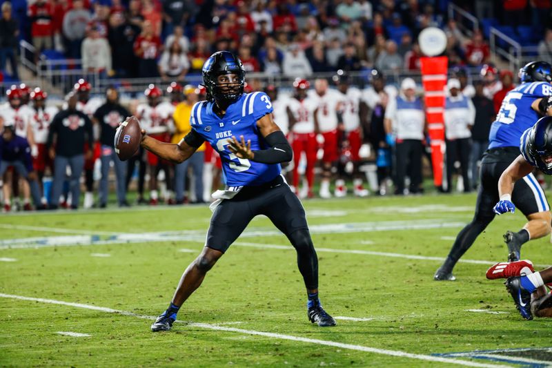 Oct 14, 2023; Durham, North Carolina, USA; Duke Blue Devils quarterback Henry Belin IV (3) gets ready to throw the football during the first half of the game against North Carolina State Wolfpack at Wallace Wade Stadium. Mandatory Credit: Jaylynn Nash-USA TODAY Sports