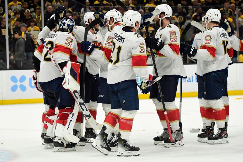 May 17, 2024; Boston, Massachusetts, USA; The Florida Panthers congratulate each other after defeating the Boston Bruins in game six of the second round of the 2024 Stanley Cup Playoffs at TD Garden. Mandatory Credit: Bob DeChiara-USA TODAY Sports