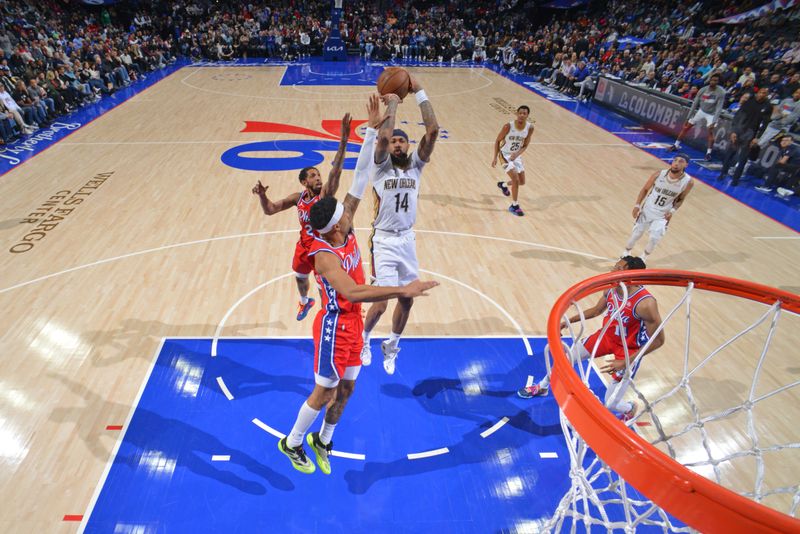 PHILADELPHIA, PA - MARCH 8: Brandon Ingram #14 of the New Orleans Pelicans shoots the ball during the game against the Philadelphia 76ers on March 8, 2024 at the Wells Fargo Center in Philadelphia, Pennsylvania NOTE TO USER: User expressly acknowledges and agrees that, by downloading and/or using this Photograph, user is consenting to the terms and conditions of the Getty Images License Agreement. Mandatory Copyright Notice: Copyright 2024 NBAE (Photo by Jesse D. Garrabrant/NBAE via Getty Images)