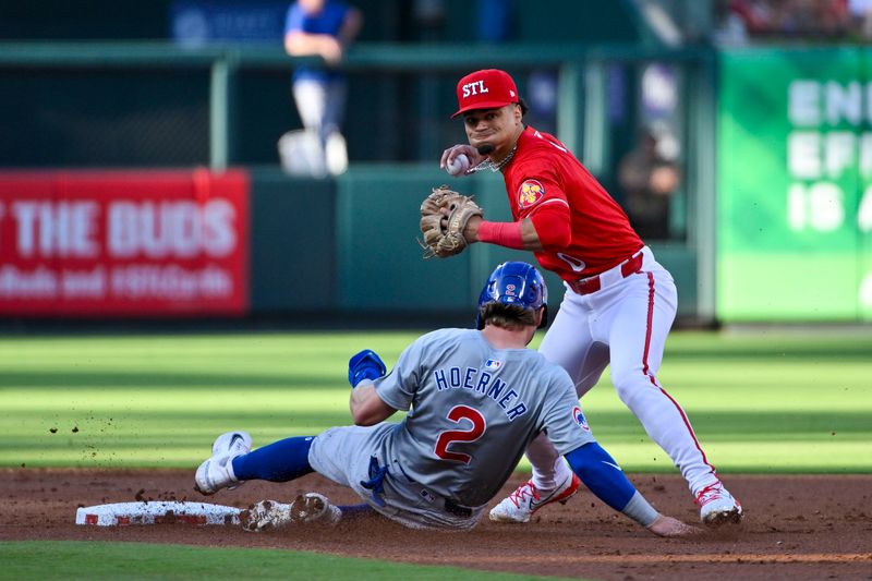 May 25, 2024; St. Louis, Missouri, USA;  St. Louis Cardinals shortstop Masyn Winn (0) forces out Chicago Cubs second baseman Nico Hoerner (2) and throws to first to complete the double play during the second inning at Busch Stadium. Mandatory Credit: Jeff Curry-USA TODAY Sports