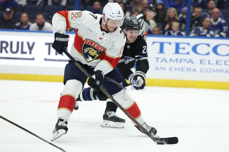 Feb 17, 2024; Tampa, Florida, USA;  Florida Panthers defenseman Dmitry Kulikov (7) controls the puck against the Tampa Bay Lightning in the second period at Amalie Arena. Mandatory Credit: Nathan Ray Seebeck-USA TODAY Sports