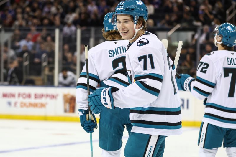 Oct 23, 2025; New York, New York, USA;  San Jose Sharks center Macklin Celebrini (71) celebrates after scoring a goal in the first period against the New York Rangers at Madison Square Garden. Mandatory Credit: Wendell Cruz-Imagn Images