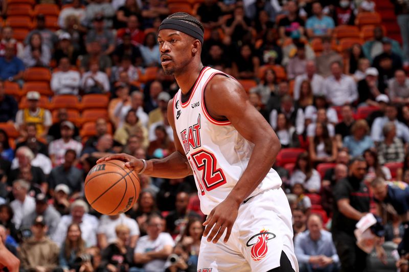MIAMI, FL - FEBRUARY 8: Jimmy Butler #22 of the Miami Heat handles the ball during the game against the Indiana Pacers on February 8, 2023 at Miami-Dade Arena in Miami, Florida. NOTE TO USER: User expressly acknowledges and agrees that, by downloading and or using this Photograph, user is consenting to the terms and conditions of the Getty Images License Agreement. Mandatory Copyright Notice: Copyright 2023 NBAE (Photo by Issac Baldizon/NBAE via Getty Images)