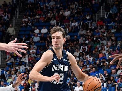 ORLANDO, FL - NOVEMBER 21: Franz Wagner #22 of the Orlando Magic dribbles the ball during the game against the Toronto Raptors during the In-Season Tournament on November 21, 2023 at Amway Center in Orlando, Florida. NOTE TO USER: User expressly acknowledges and agrees that, by downloading and or using this photograph, User is consenting to the terms and conditions of the Getty Images License Agreement. Mandatory Copyright Notice: Copyright 2023 NBAE (Photo by Fernando Medina/NBAE via Getty Images)