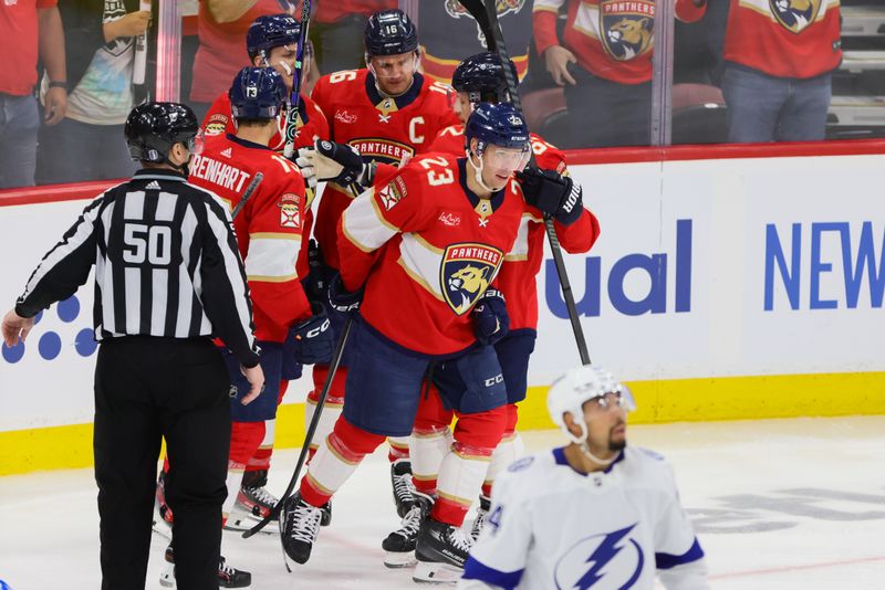 Apr 21, 2024; Sunrise, Florida, USA; Florida Panthers center Carter Verhaeghe (23) looks on after scoring against the Tampa Bay Lightning during the third period in game one of the first round of the 2024 Stanley Cup Playoffs at Amerant Bank Arena. Mandatory Credit: Sam Navarro-USA TODAY Sports