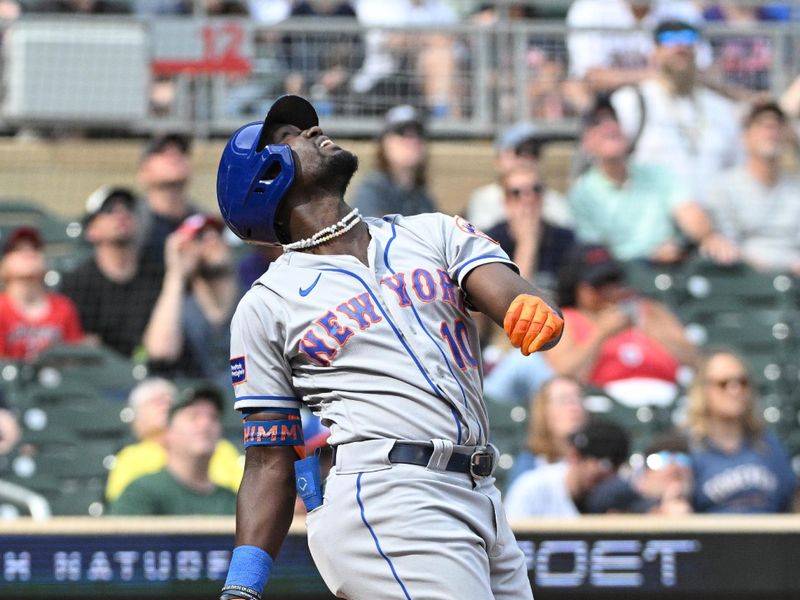 Sep 10, 2023; Minneapolis, Minnesota, USA; New York Mets shortstop Ronny Mauricio (10) pops up for an out against the Minnesota Twins in the seventh inning  at Target Field. Mandatory Credit: Michael McLoone-USA TODAY Sports