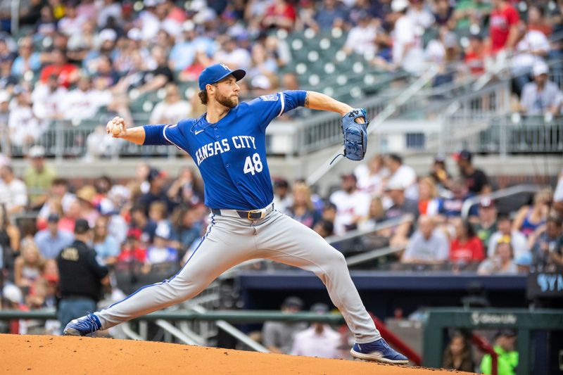 Sep 29, 2024; Cumberland, Georgia, USA; Kansas City Royals pitcher Alec Marsh (48) pitches the ball against the Atlanta Braves during the first inning at Truist Park. Mandatory Credit: Jordan Godfree-Imagn Images
