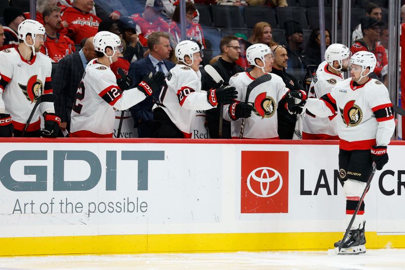 Oct 25, 2025; Washington, District of Columbia, USA; Ottawa Senators right wing Drake Batherson (19) celebrates after scoring a goal against the Washington Capitals during the third period at Capital One Arena. Mandatory Credit: Geoff Burke-Imagn Images