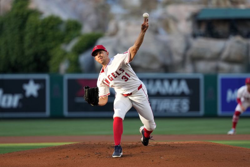 Apr 30, 2024; Anaheim, California, USA; Los Angeles Angels pitcher Tyler Anderson (31) throws in the first inning against the Philadelphia Phillies at Angel Stadium. Mandatory Credit: Kirby Lee-USA TODAY Sports